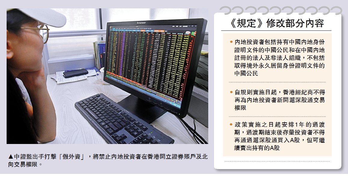 　　圖：中證監出手打擊「假外資」，將禁止內地投資者在香港開立證券賬戶及北向交易權限。