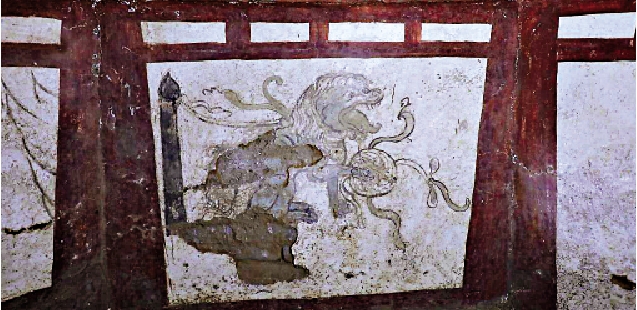 　　圖：此次發現的金代壁畫墓中的獅戲繡球圖。\新華社