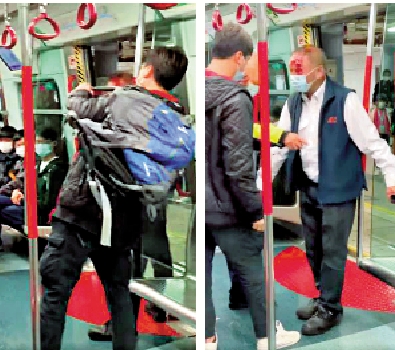 　　圖：網上瘋傳的短片顯示，港鐵車廂內一名六旬漢被另一乘客打至血流披面，及後港鐵職員到場調解。