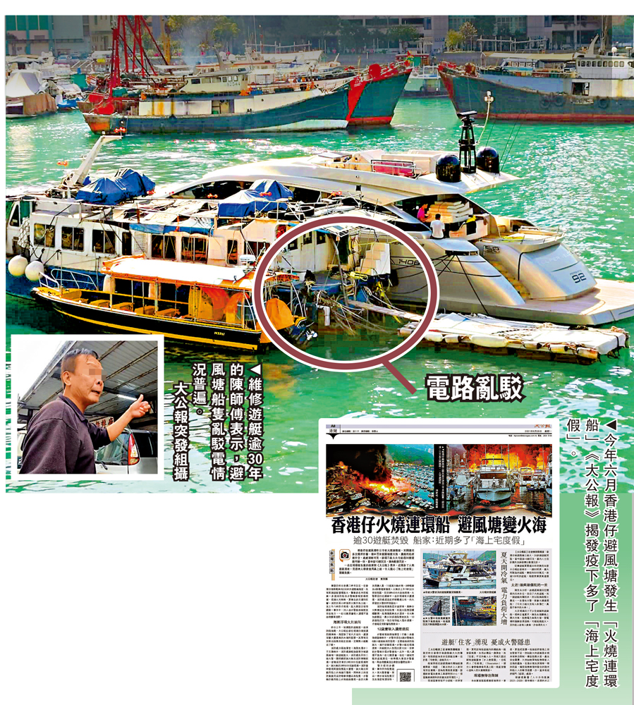 　　圖：今年六月香港仔避風塘發生「火燒連環船」《大公報》揭發疫下多了「海上宅度假」。