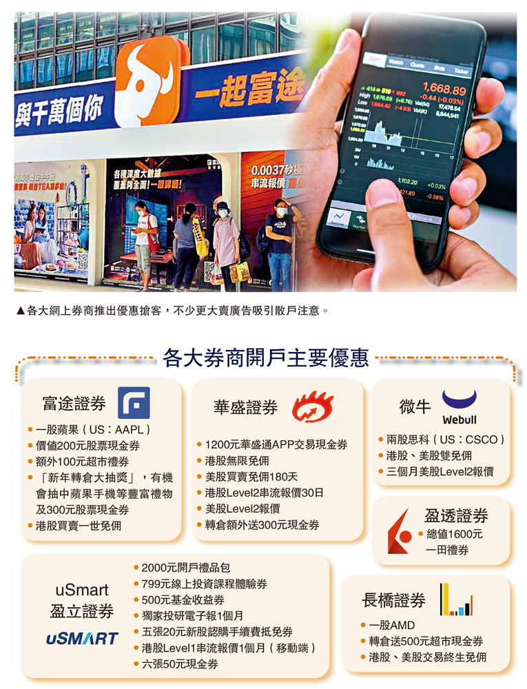 　　圖：各大網上券商推出優惠搶客﹐不少更大賣廣告吸引散戶注意。