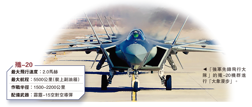 　　圖：「強軍先鋒飛行大隊」的殲-20機群進行「大象漫步」。