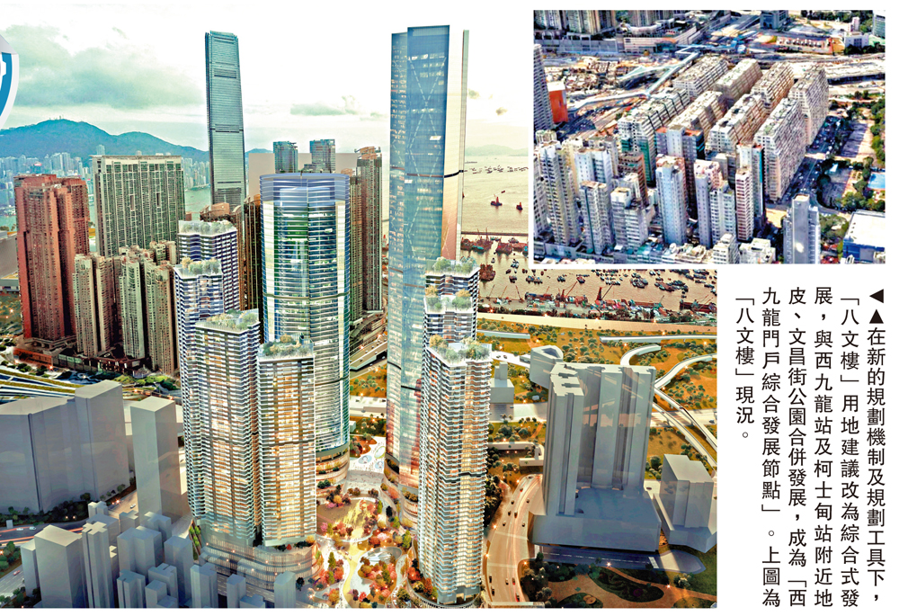 　　圖：在新的規劃機制及規劃工具下，「八文樓」用地建議改為綜合式發展，與西九龍站及柯士甸站附近地皮、文昌街公園合併發展，成為「西九龍門戶綜合發展節點」。上圖為「八文樓」現況。