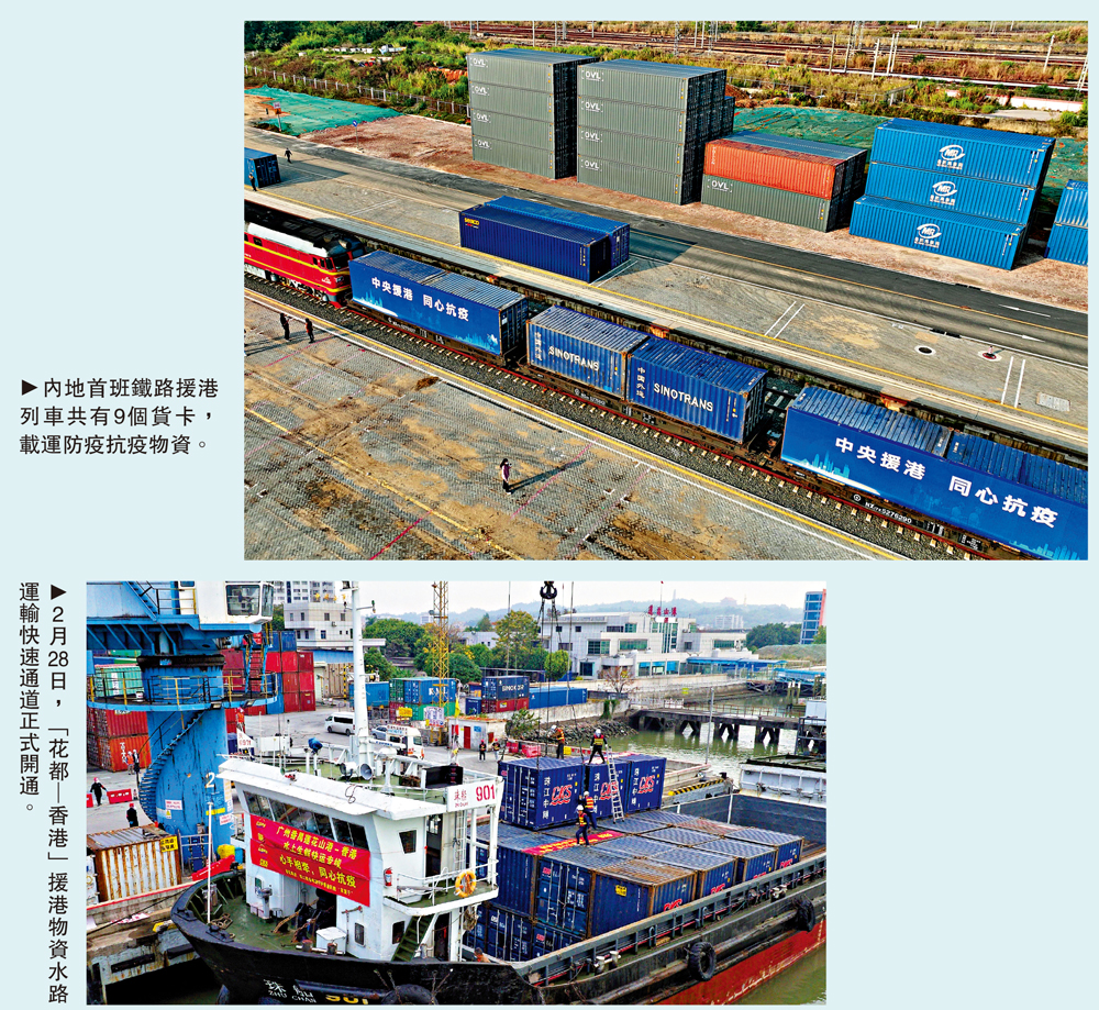 　　上圖：內地首班鐵路援港列車共有9個貨卡，載運防疫抗疫物資。下圖：2月28日，「花都│香港」援港物資水路運輸快速通道正式開通。 