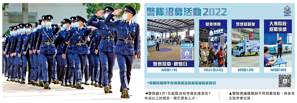 　　上圖：警務處4月1日起取消投考者在港居住7年或以上的規定，吸引更多人才。下圖：警隊將繼續舉辦不同招募活動，與各有志投考者交流。