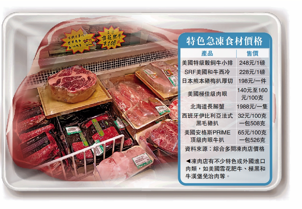 　　圖：凍肉店有不少特色或外國進口肉類，如美國雪花肥牛、極黑和牛漢堡免治肉等。