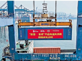 　　圖：深圳海上「供港快線」在吊裝供港物資。/大公報記者郭若溪攝