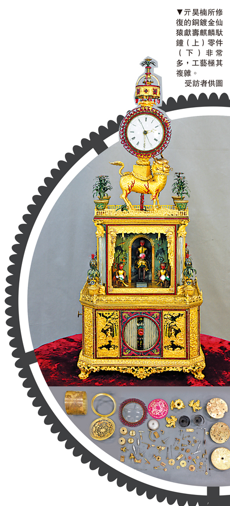 　　圖：亓昊楠所修復的銅鍍金仙猿獻壽麒麟馱鐘（上）零件（下）非常多，工藝極其複雜。\受訪者供圖