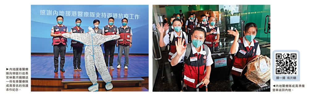 　　左圖：內地援港醫療隊向特區行政長官林鄭月娥贈送一件有眾醫療隊成員簽名的保護衣作紀念。右圖：內地醫療隊成員準備登車返回內地。