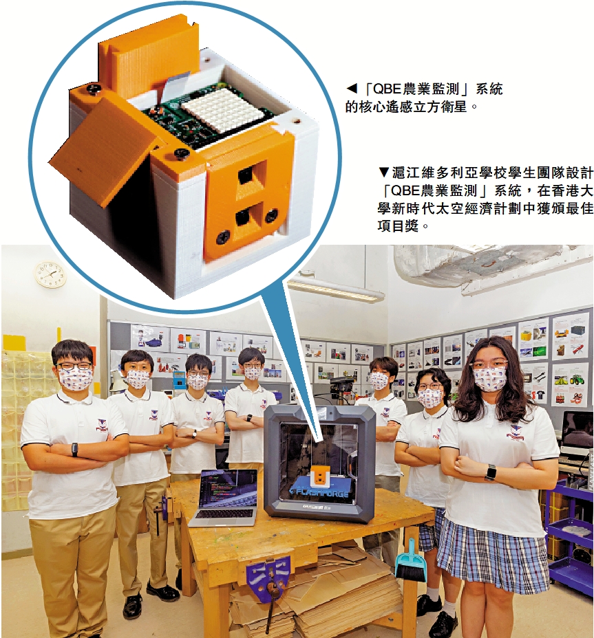 　　圖：（上）「QBE農業監測」系統的核心遙感立方衛星。（下）滬江維多利亞學校學生團隊設計「QBE農業監測」系統，在香港大學新時代太空經濟計劃中獲頒最佳項目獎。