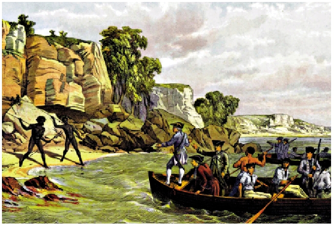 　　圖：版畫《庫克船長登陸植物學灣，一七七○年》描述澳洲原住民與庫克船長及船員相遇的情景。/圖源：澳洲國家圖書館