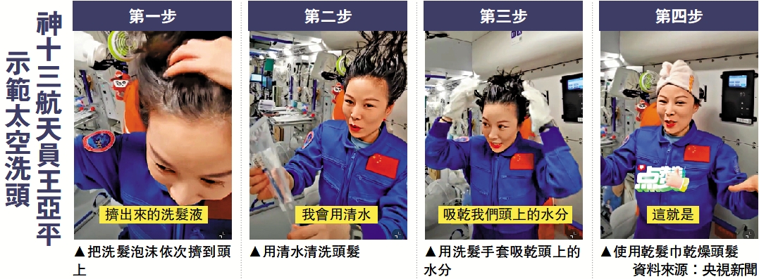 　　圖：神十三航天員王亞平示範太空洗頭