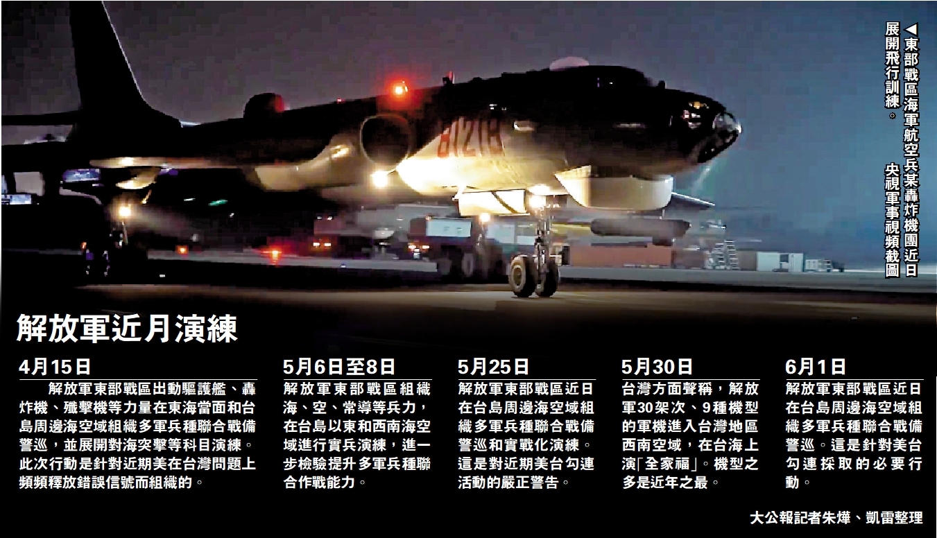 　　圖：東部戰區海軍航空兵某轟炸機團近日展開飛行訓練。\央視軍事視頻截圖