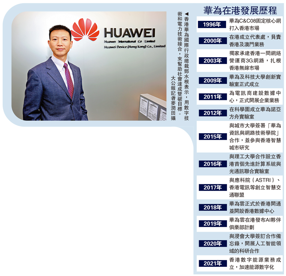 　　圖：香港華為國際行政總裁鄧水根表示，用數字技術和電力技術接合，來幫助社會達成雙碳目標。\大公報記者麥潤田攝