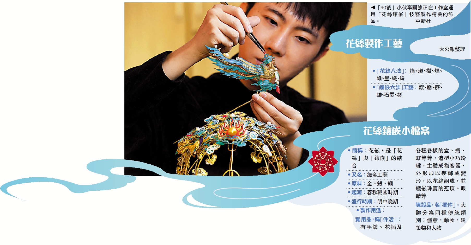 　　圖：「90後」小伙辜國強正在工作室運用「花絲鑲嵌」技藝製作精美的飾品。\中新社