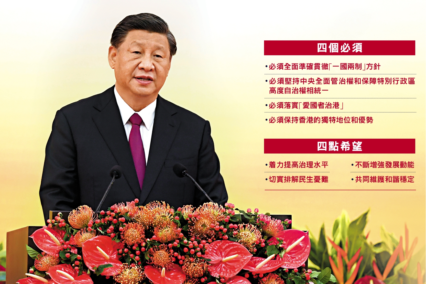 圖:國家主席習近平昨日出席慶祝香港回歸祖國25周年大會暨香港特別行政區第六屆政府就職典禮,並發表重要講話。\大公報記者 林少權攝
