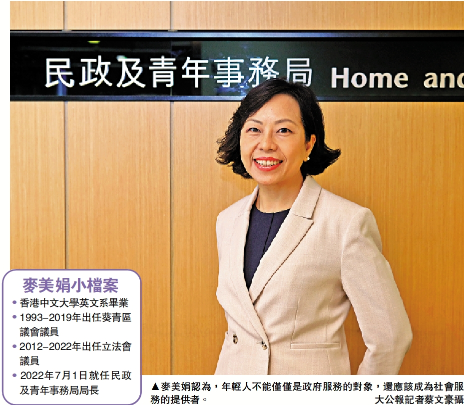 　　圖：麥美娟認為，年輕人不能僅僅是政府服務的對象，還應該成為社會服務的提供者。\大公報記者蔡文豪攝