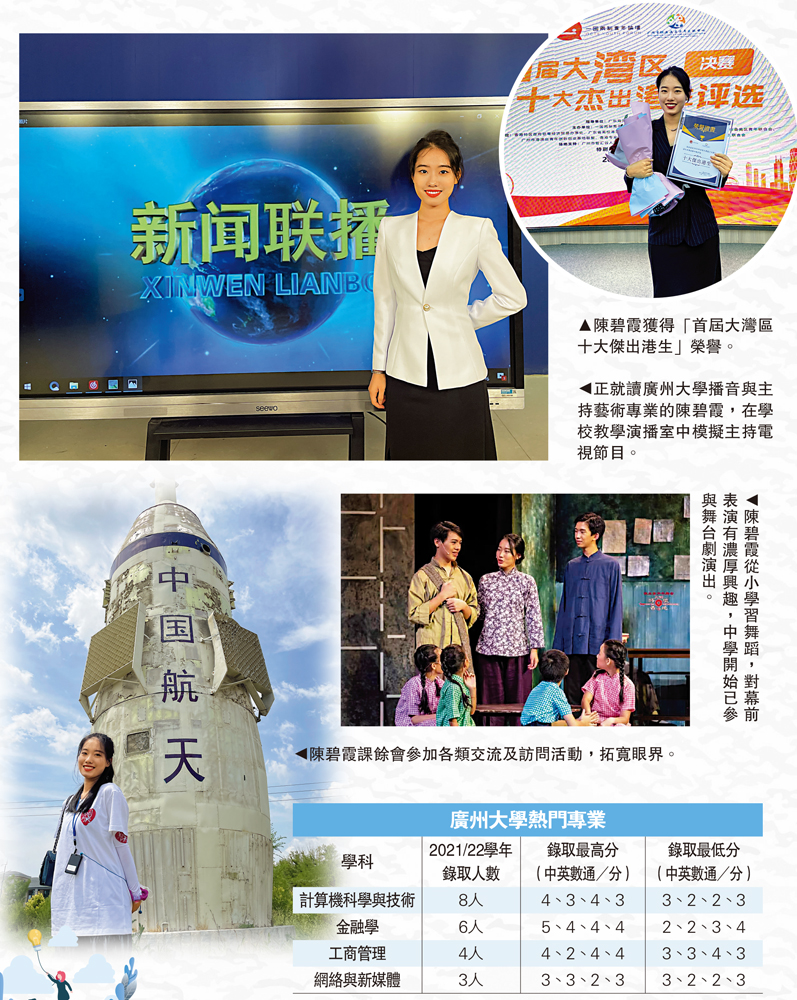 　　圖：正就讀廣州大學播音與主持藝術專業的陳碧霞，在學校教學演播室中模擬主持電視節目。圓圖：陳碧霞獲得「首屆大灣區十大傑出港生」榮譽。