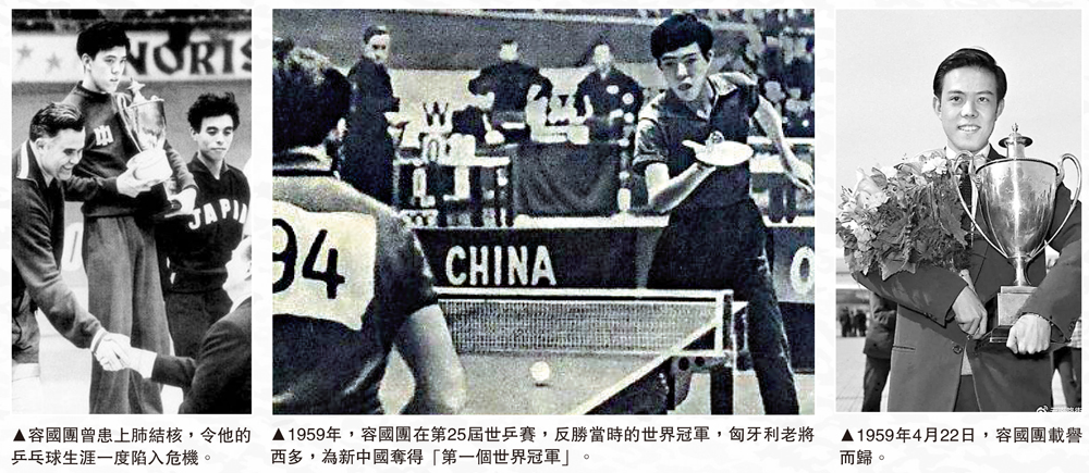 　　圖：（左）容國團曾患上肺結核，令他的乒乓球生涯一度陷入危機。（中）1959年，容國團在第25屆世乒賽，反勝當時的世界冠軍，匈牙利老將西多，為新中國奪得「第一個世界冠軍」。（右）1959年4月22日，容國團載譽而歸。