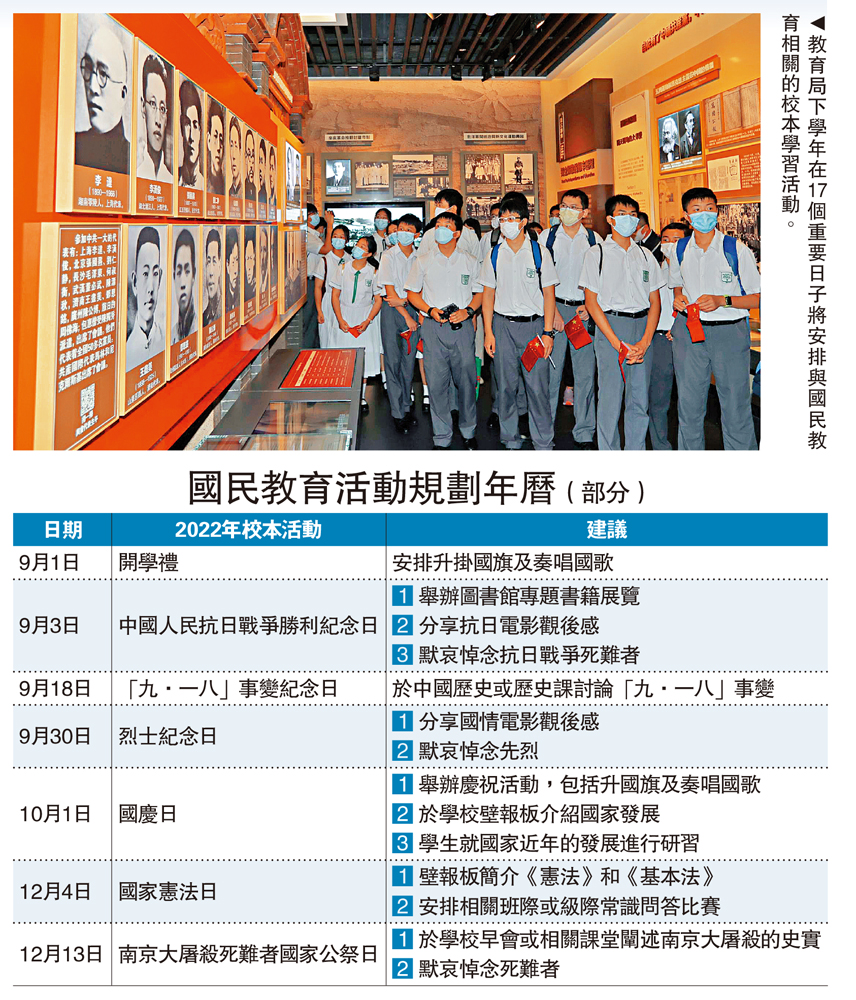 　　圖：教育局下學年在17個重要日子將安排與國民教育相關的校本學習活動。