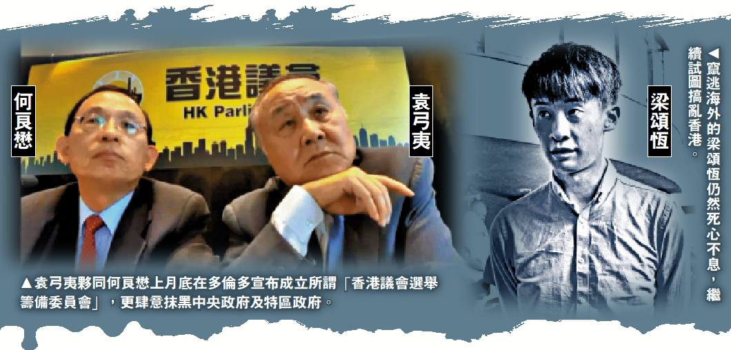 　　左圖：袁弓夷夥同何良懋上月底在多倫多宣布成立所謂「香港議會選舉籌備委員會」，更肆意抹黑中央政府及特區政府。右圖：竄逃海外的梁頌恆仍然死心不息，繼續試圖搞亂香港。