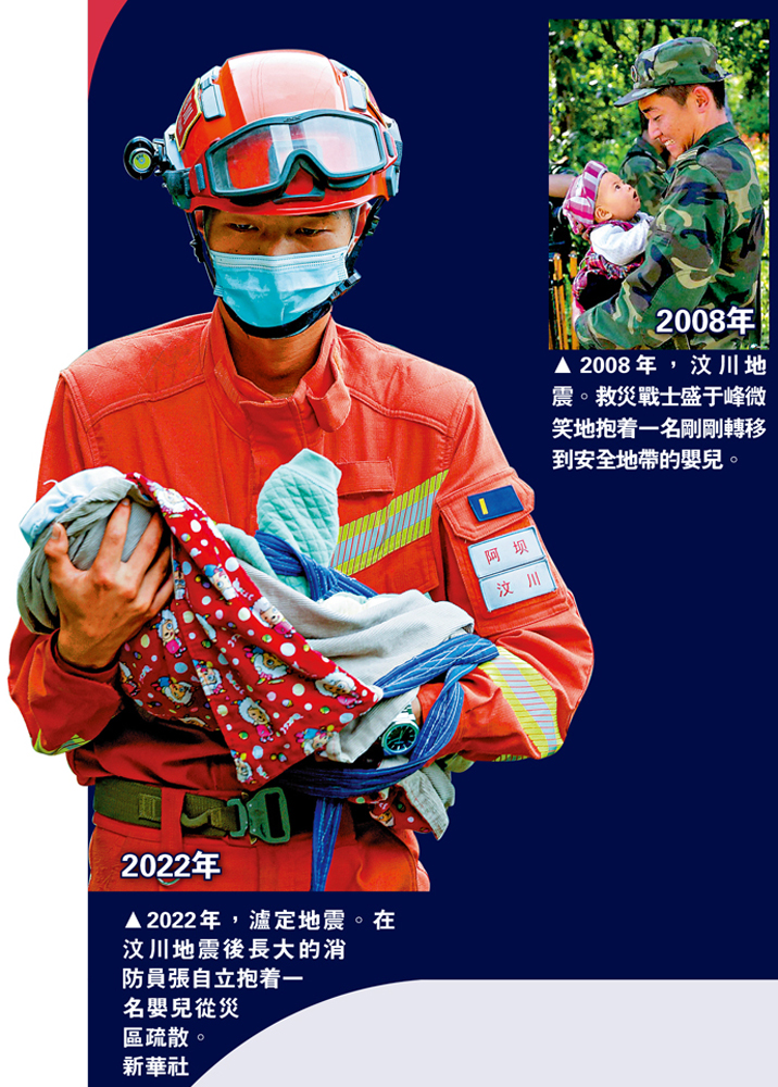 　　圖：（左）2022年，瀘定地震。在汶川地震後長大的消防員張自立抱着一名嬰兒從災區疏散。\新華社；（右）2008年，汶川地震。救災戰士盛于峰微笑地抱着一名剛剛轉移到安全地帶的嬰兒。