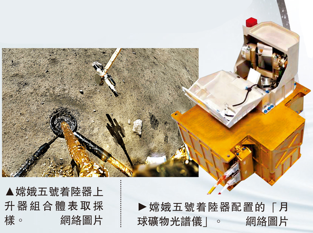 　　圖：（左）嫦娥五號着陸器上升器組合體表取採樣。（右）嫦娥五號着陸器配置的「月球礦物光譜儀」。\網絡圖片