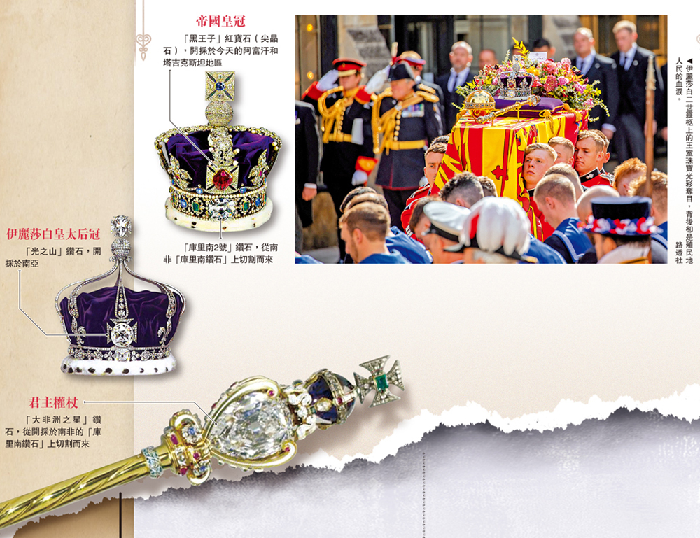 　　圖：伊麗莎白二世靈柩上的王室珠寶光彩奪目，背後卻是殖民地人民的血淚。\路透社