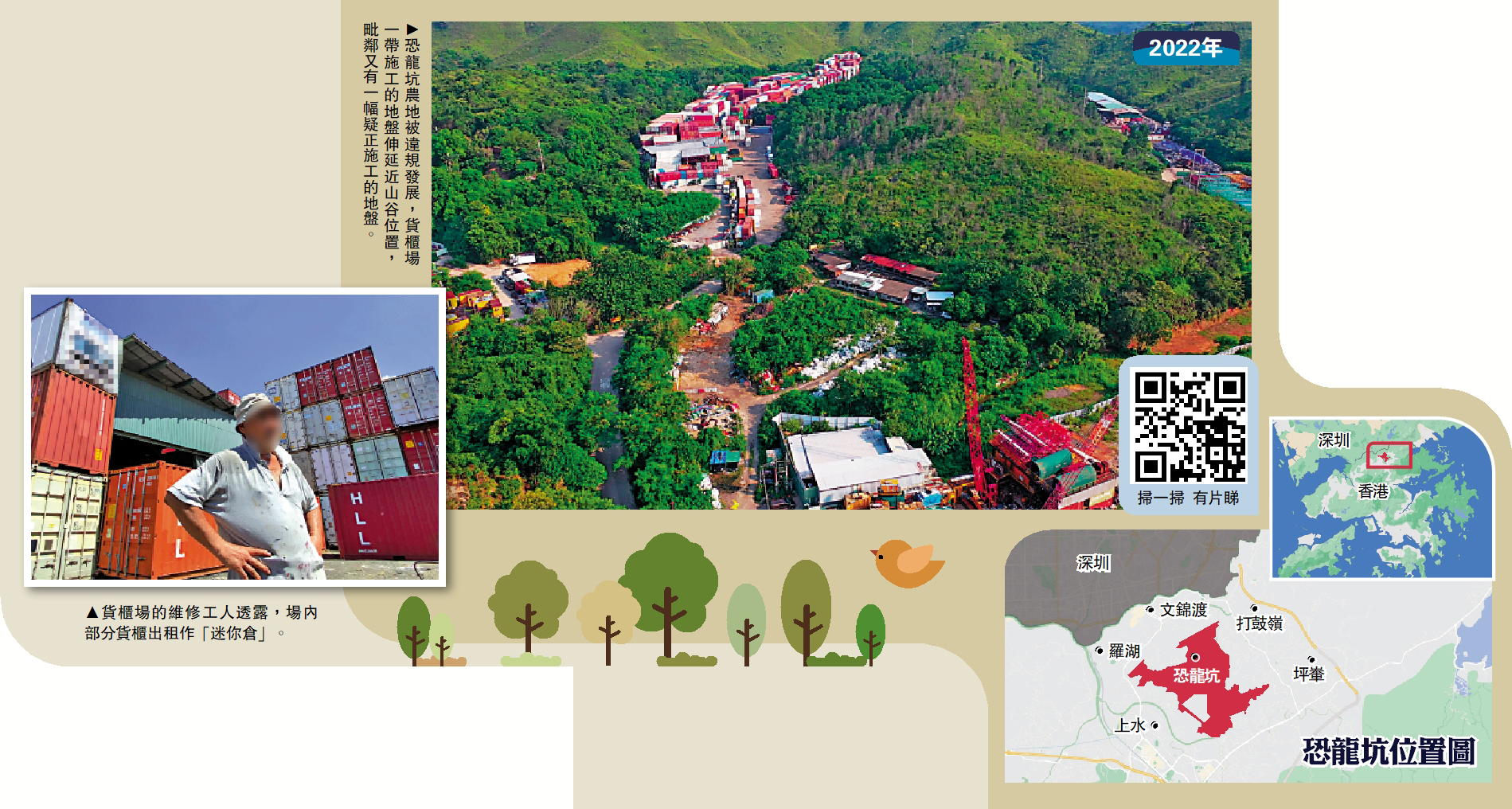 　　圖：恐龍坑農地被違規發展，貨櫃場一帶施工的地盤伸延近山谷位置，毗鄰又有一幅疑正施工的地盤。