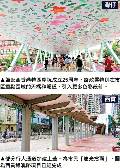 　　上圖：為配合香港特區慶祝成立25周年，路政署特別在市區重點區域的天橋和隧道，引入更多色彩設計。
