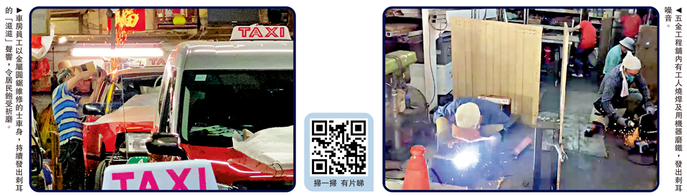 　　左圖：車房員工以金屬圓鋸維修的士車身，持續發出刺耳的「滋滋」聲響，令居民飽受折磨。右圖：五金工程舖內有工人燒焊及用機器磨鐵，發出刺耳噪音。