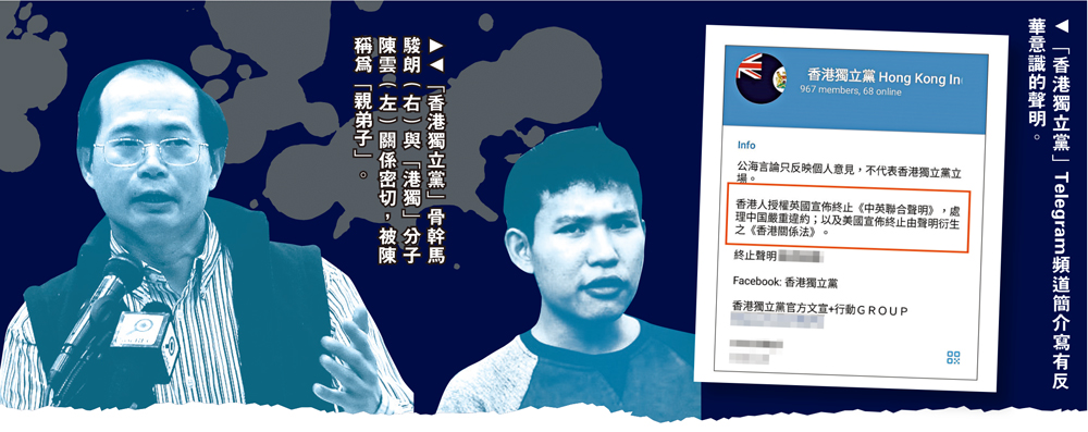 　　左圖：「香港獨立黨」骨幹馬駿朗（右）與「港獨」分子陳雲（左）關係密切，被陳稱為「親弟子」。右圖：「香港獨立黨」Telegram頻道簡介寫有反華意識的聲明。