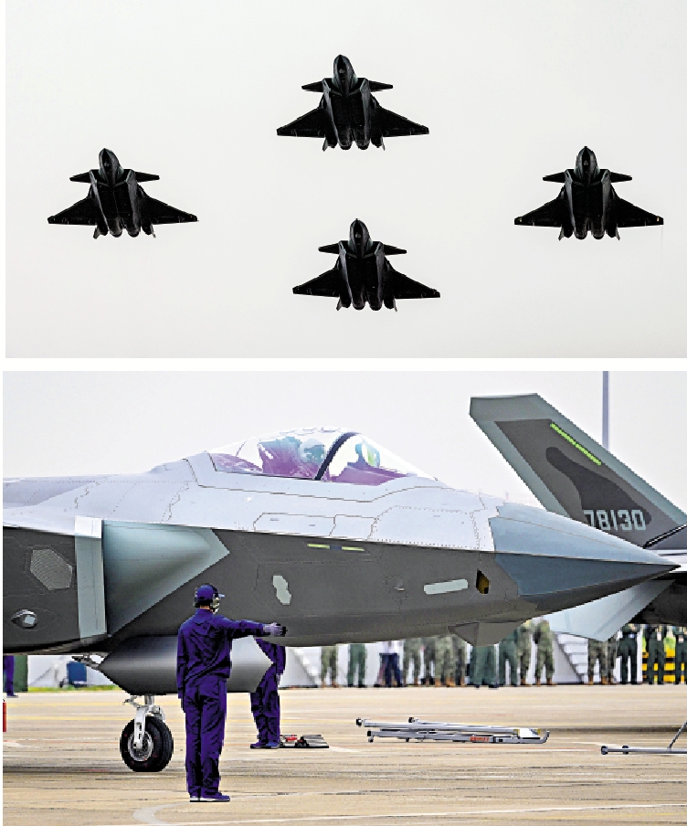 　　圖：上圖為殲-20在珠海國際航展中心上空飛行。下圖為殲-20在珠海航展停機坪。/中新社