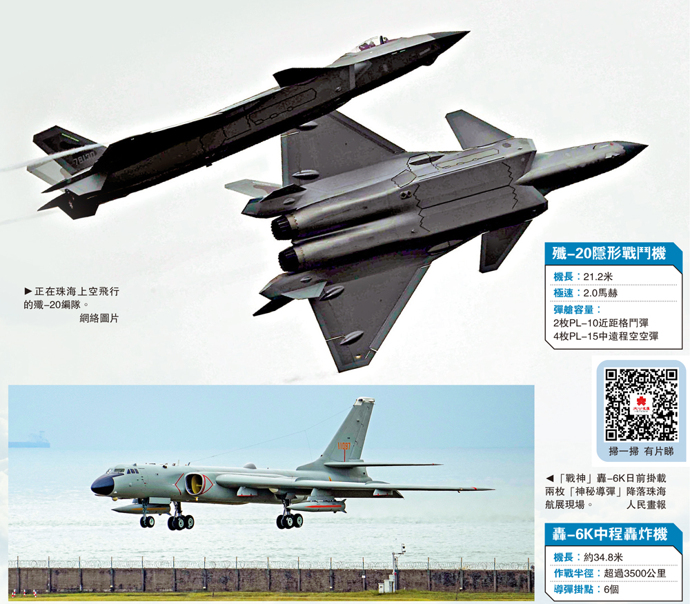 　　上圖：正在珠海上空飛行的殲-20編隊。\網絡圖片；下圖：「戰神」轟-6K日前掛載兩枚「神秘導彈」降落珠海航展現場。\人民畫報