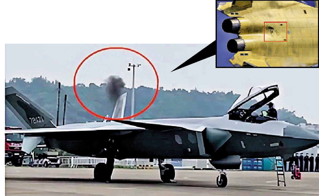 　　圖：殲-20飛行員在地面自檢時，APU處在啟動狀態，機背排氣口有熱流排出。小圖為測試中的「黃皮」殲-20背部，可以看到APU的排氣口。\網絡圖片