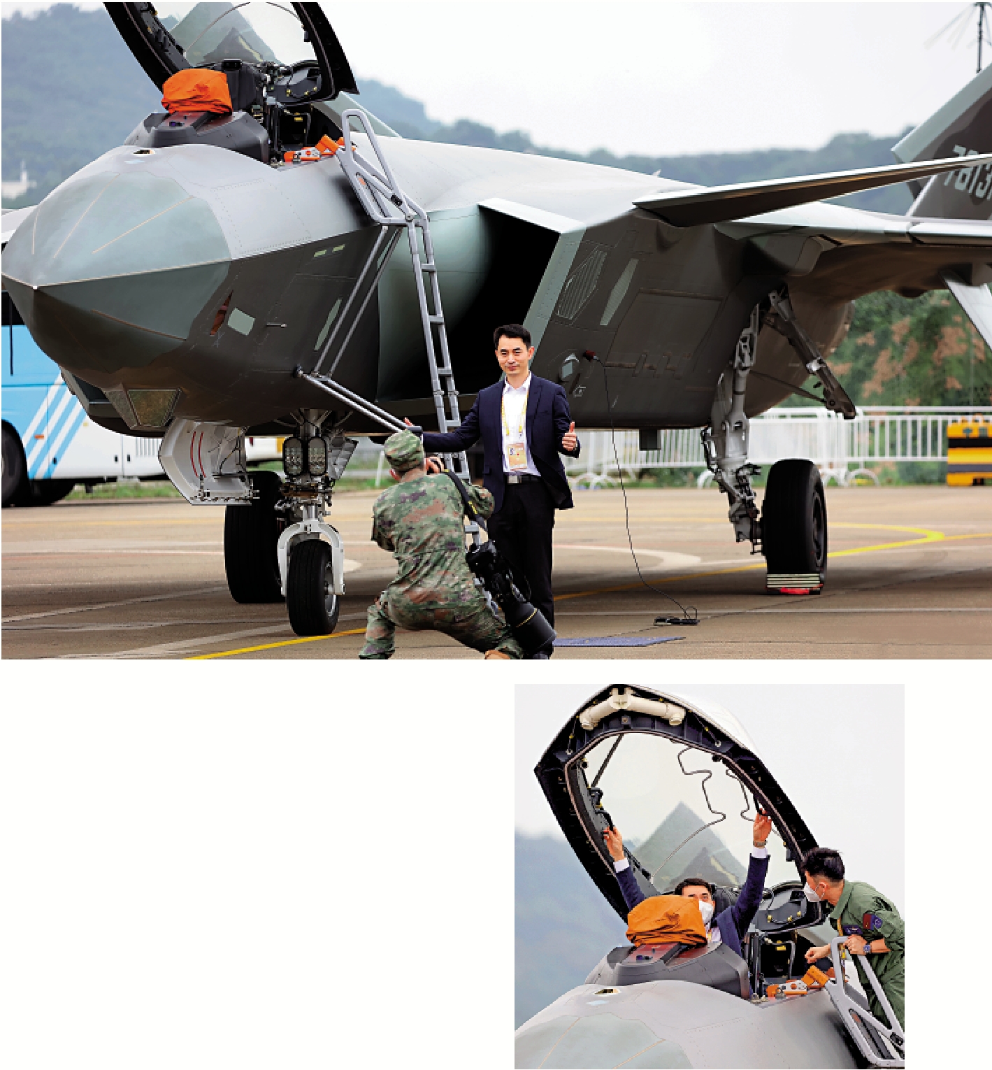 　　左圖：「神十三」航天員葉光富在殲-20前留影。