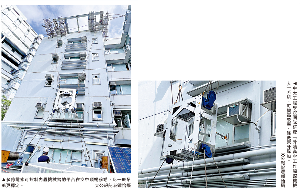 　　左圖：多條纜索可控制內置機械臂的平台在空中順暢移動，比一般吊船更穩定。右圖：中大工程學院團隊研發「外牆高空工作線控機械人」系統，可提高效率、降低意外風險。\大公報記者鍾怡攝