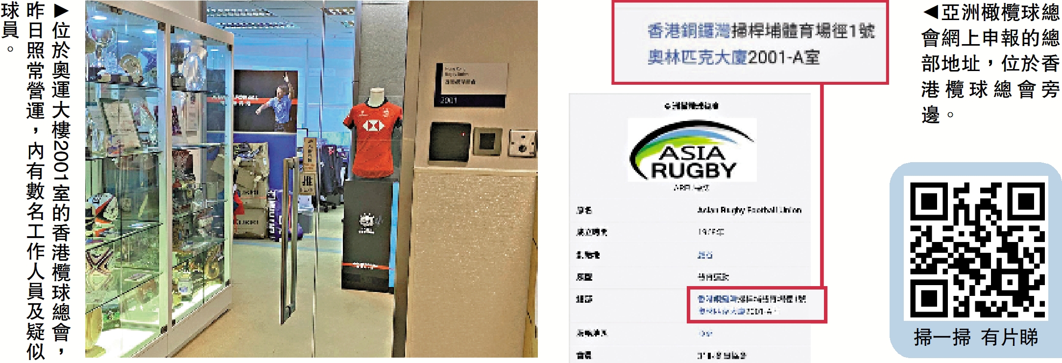 　　左圖：位於奧運大樓2001室的香港欖球總會，昨日照常營運，內有數名工作人員及疑似球員。