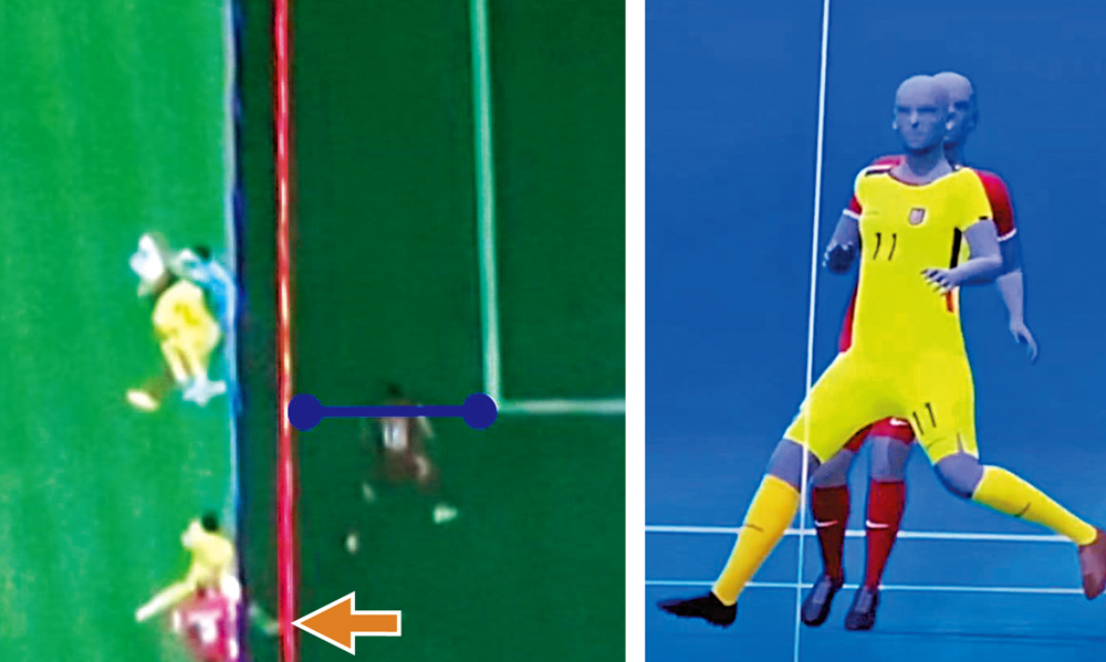 　　圖：從高角度畫面中，米高艾斯查達（箭嘴者）明顯右腳突出了越位線。\網絡圖片