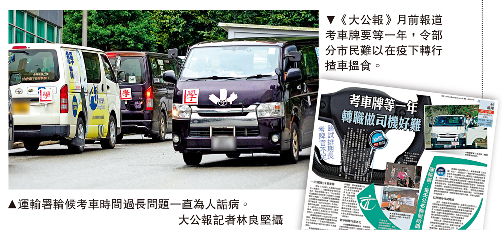 左圖:運輸署輪候考車時間過長問題一直為人詬病。\大公報記者林良堅攝;右圖:《大公報》月前報道考車牌要等一年,令部分市民難以在疫下轉行揸車搵食。