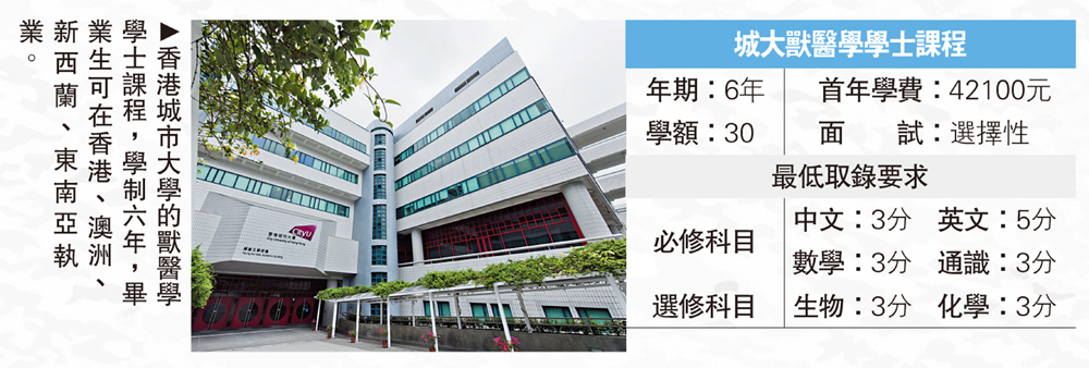 　　圖：香港城市大學的獸醫學學士課程，學制六年，畢業生可在香港、澳洲、新西蘭、東南亞執業。