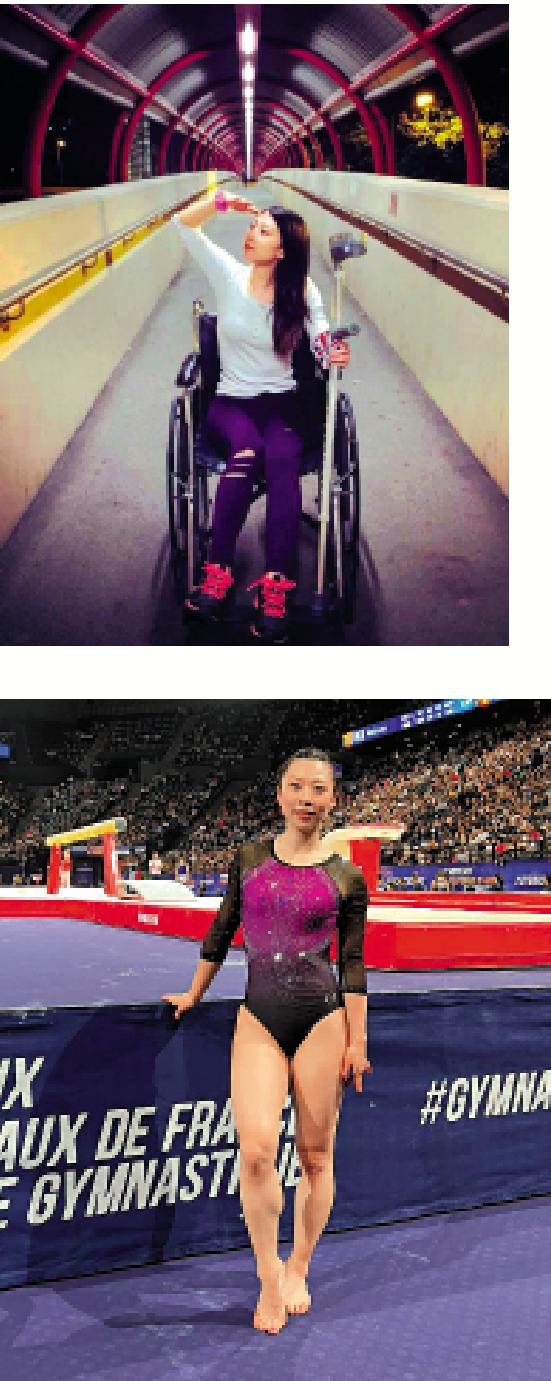 　　上圖：「體操女王」黃曉盈曾被重物壓傷左膝，導致左膝四條十字韌帶斷裂坐了四個月輪椅。/受訪者提供　　下圖：黃曉盈的韌帶重建手術順利，現時轉戰平衡木。/受訪者提供