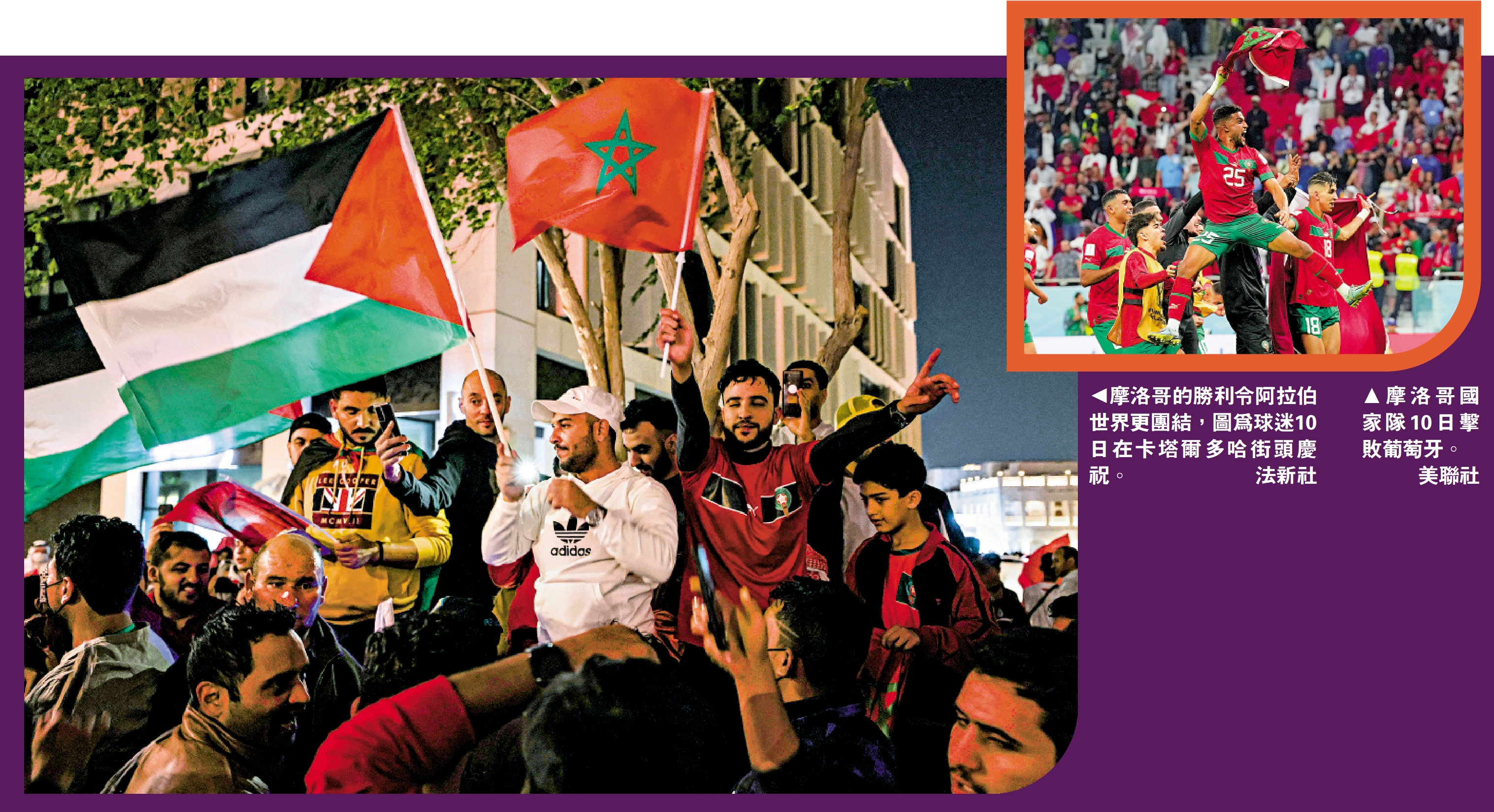 　　左圖：摩洛哥的勝利令阿拉伯世界更團結，圖為球迷10日在卡塔爾多哈街頭慶祝。\法新社；右圖：摩洛哥國家隊10日擊敗葡萄牙。\美聯社