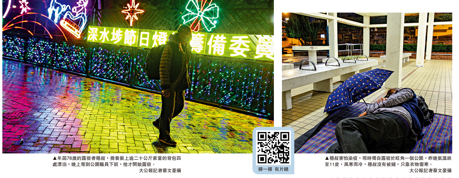 　　左圖：年屆78歲的露宿者穩叔，揹着裝上逾二十公斤家當的背包四處漂泊，晚上等到公園職員下班，他才開始露宿。右圖：穩叔害怕染疫，現時獨自露宿於旺角一個公園，昨晚氣溫跌至11度，風寒雨冷，穩叔沒有被鋪，只靠衣物禦寒。\大公報記者蔡文豪攝
