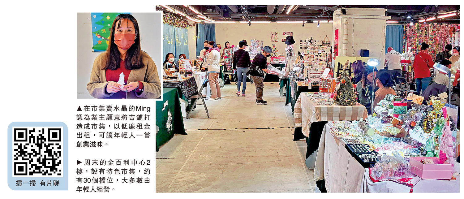 　　左圖：在市集賣水晶的Ming認為業主願意將吉舖打造成市集，以低廉租金出租，可讓年輕人一嘗創業滋味。右圖：周末的金百利中心2樓，設有特色市集，約有30個檔位，大多數由年輕人經營。