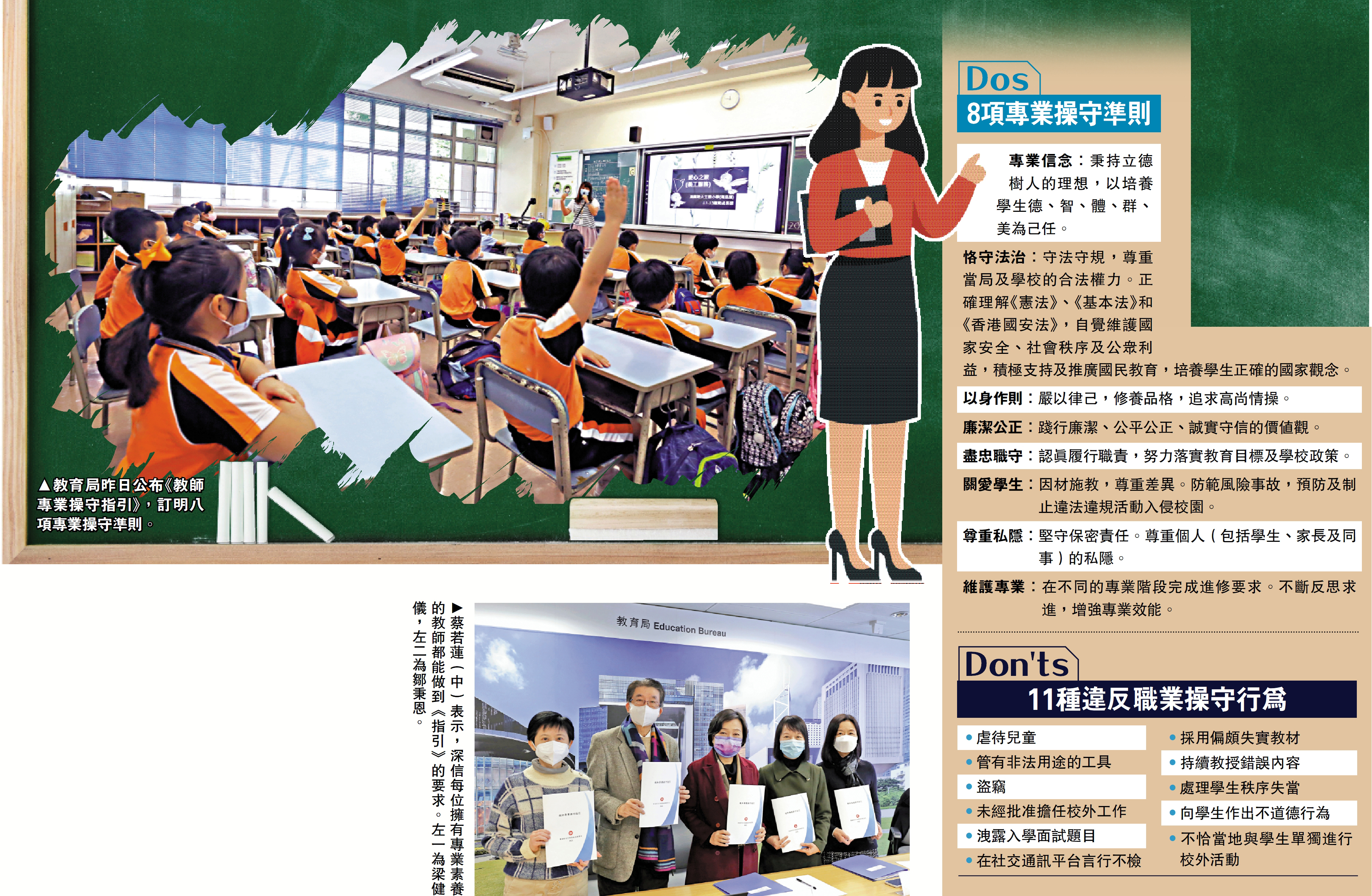 　　圖：教育局昨日公布《教師專業操守指引》，訂明八項專業操守準則。