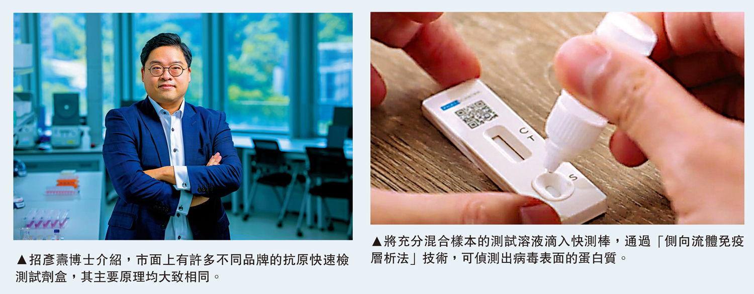 　　左圖：招彥燾博士介紹，市面上有許多不同品牌的抗原快速檢測試劑盒，其主要原理均大致相同。右圖：將充分混合樣本的測試溶液滴入快測棒，通過「側向流體免疫層析法」技術，可偵測出病毒表面的蛋白質。 