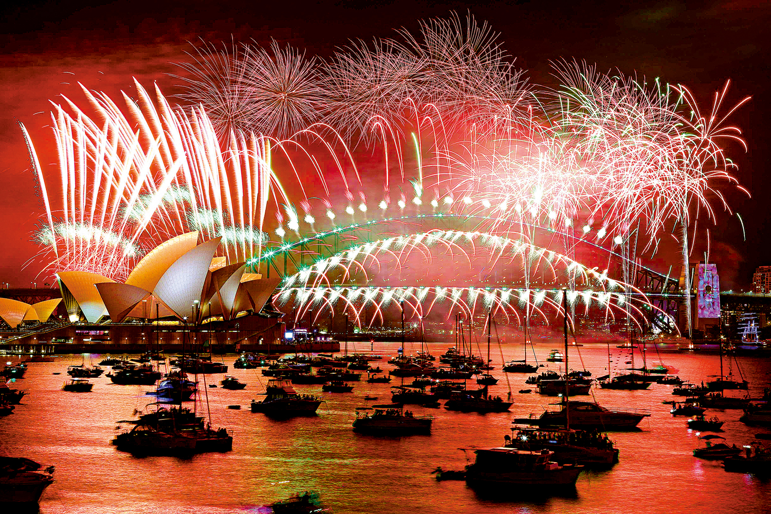　　圖：悉尼歌劇院上空綻放燦爛的新年煙花。\法新社