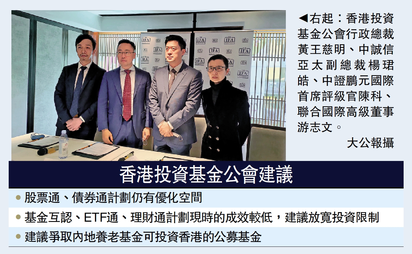 　　圖：右起：香港投資基金公會行政總裁黃王慈明、中誠信亞太副總裁楊珺皓、中證鵬元國際首席評級官陳科、聯合國際高級董事游志文。\大公報攝