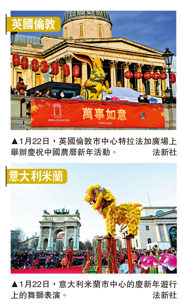　　上圖：英國倫敦/1月22日，英國倫敦市中心特拉法加廣場上舉辦慶祝中國農曆新年活動。下圖：意大利米蘭/1月22日，意大利米蘭市中心的慶新年遊行上的舞獅表演。\法新社